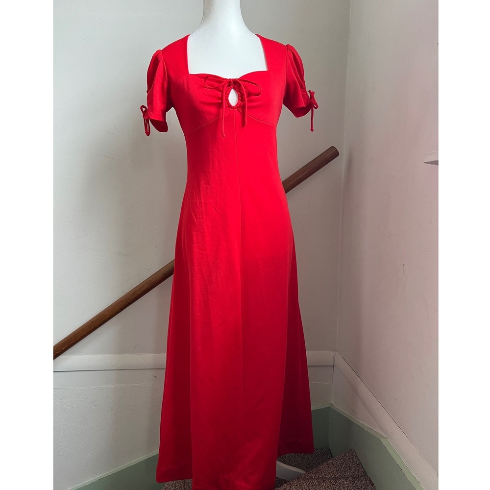 Vintage 70s Maxi Dress Red Short Puff Sleeve Keyhole Tie Empire Waist Retro Bows